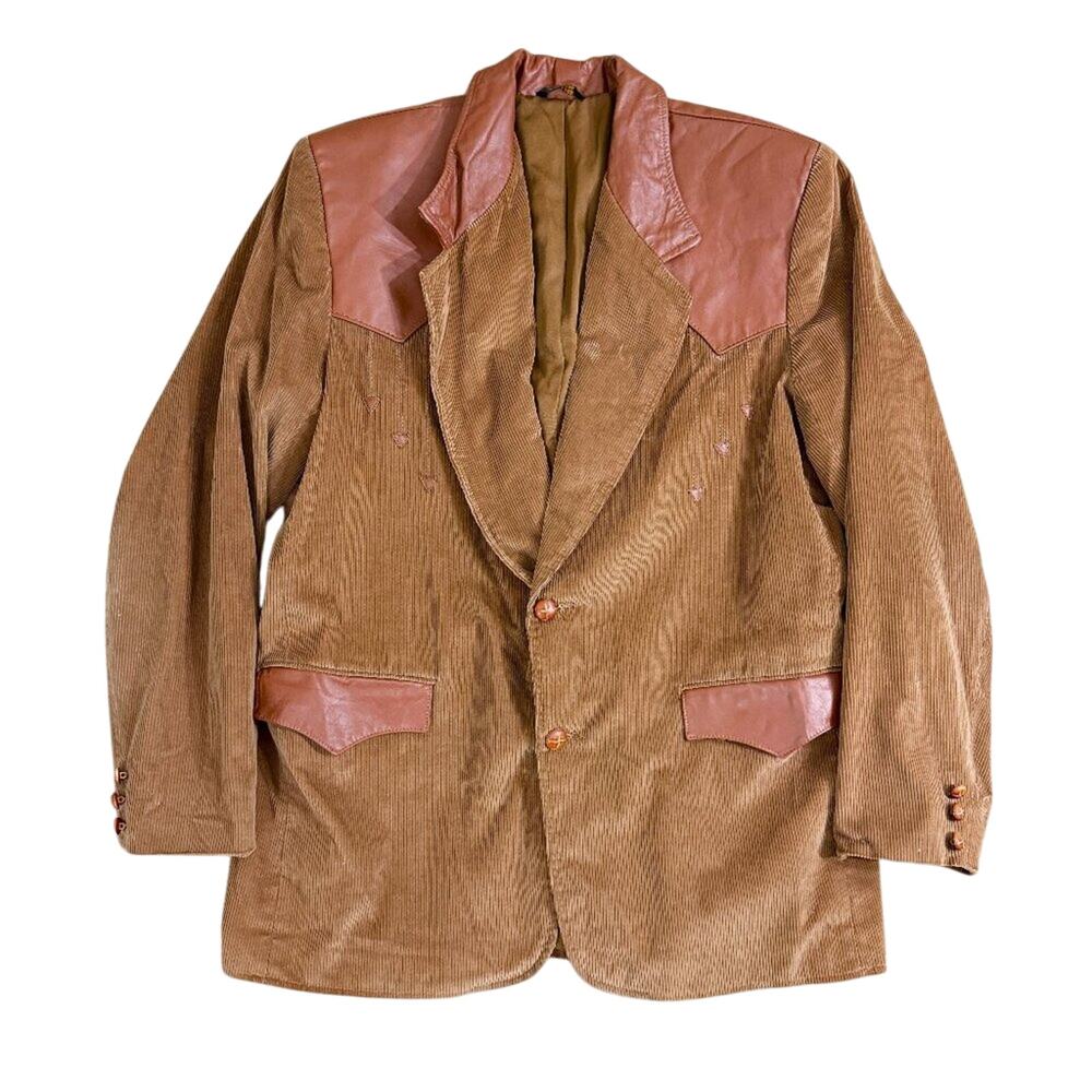 Vtg Pioneer Wear Brown Corduroy & Leather Western Style Sport Coat Men's Sz 44R